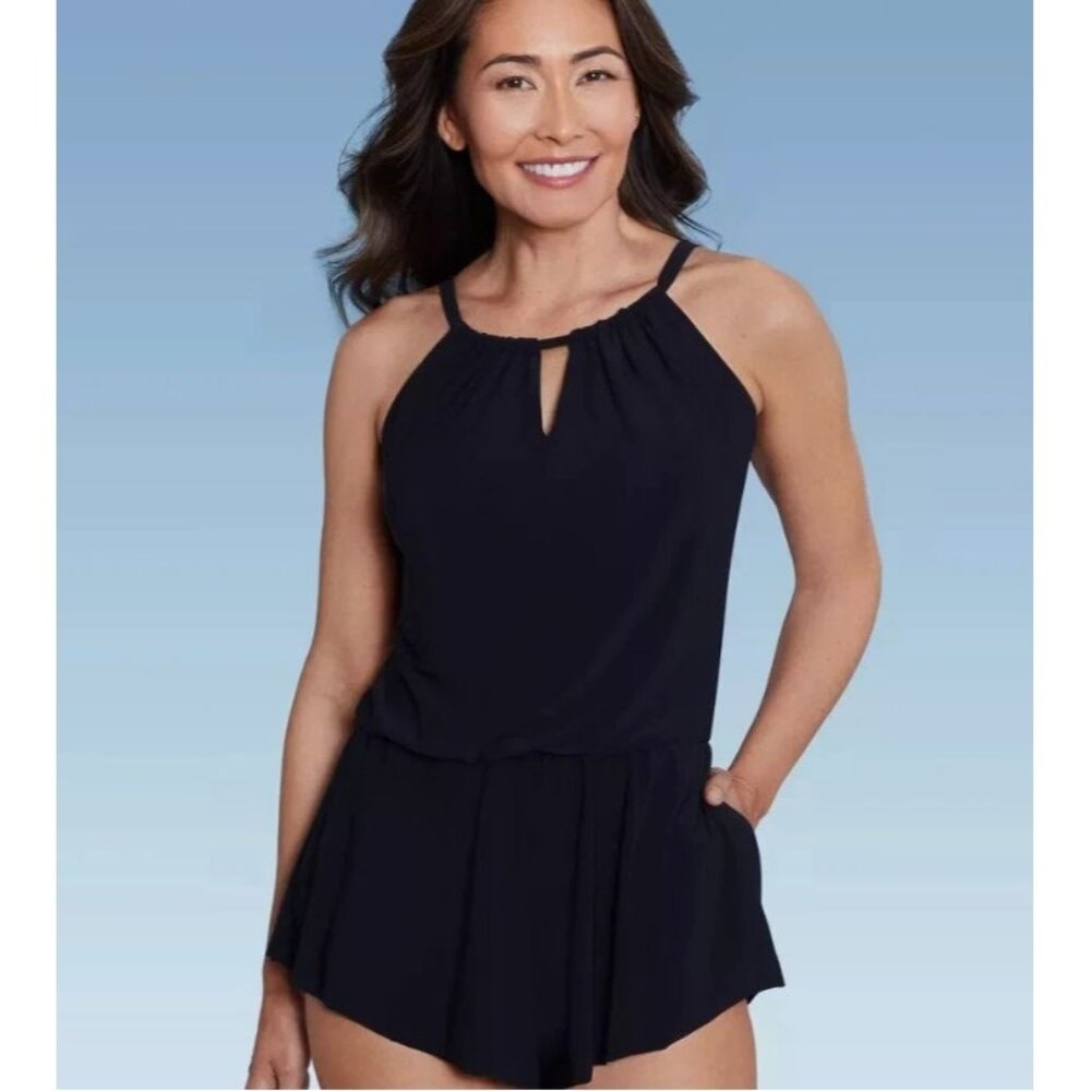 Aqua Green Women's Swim High Neck Swim Romper With Pockets One Piece Swimsuit XL